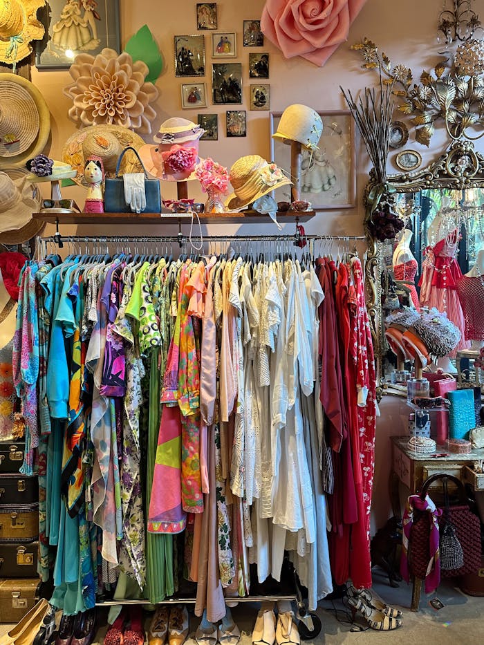 Vibrant vintage clothing and accessory display in a stylish boutique setting.